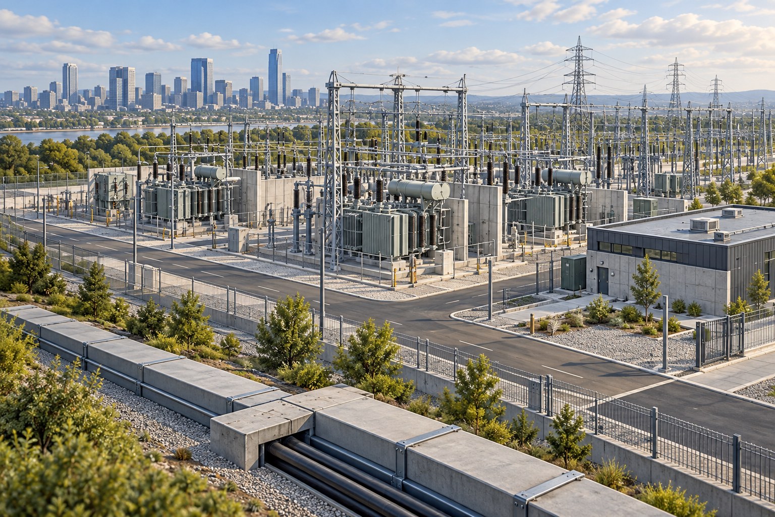 Illustration of a modern substation with transformers, a control building and covered cable routes